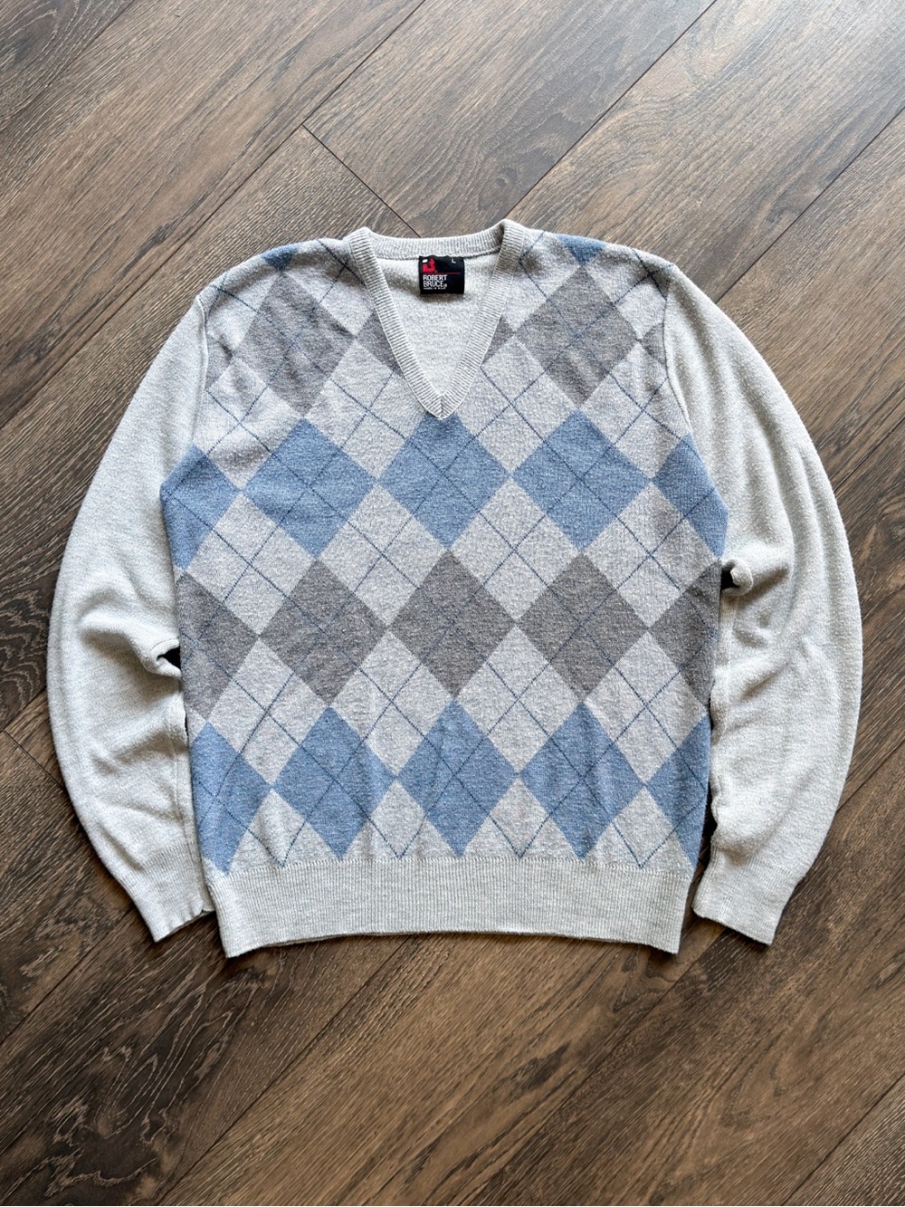 Robert Bruce Men’s Large Argyle V-Neck Sweater Gray Blue Preppy USA Made Vintage